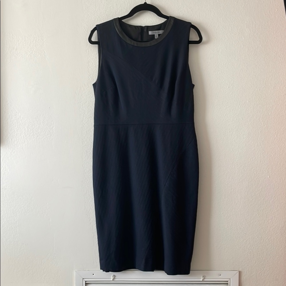 Classiques Entier Pinstriped Sheath Dress Sleeveless w/leather trim, size 12